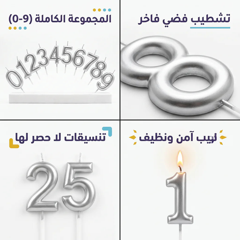 شمع ارقام كبيرة فضية لاعياد الميلاد