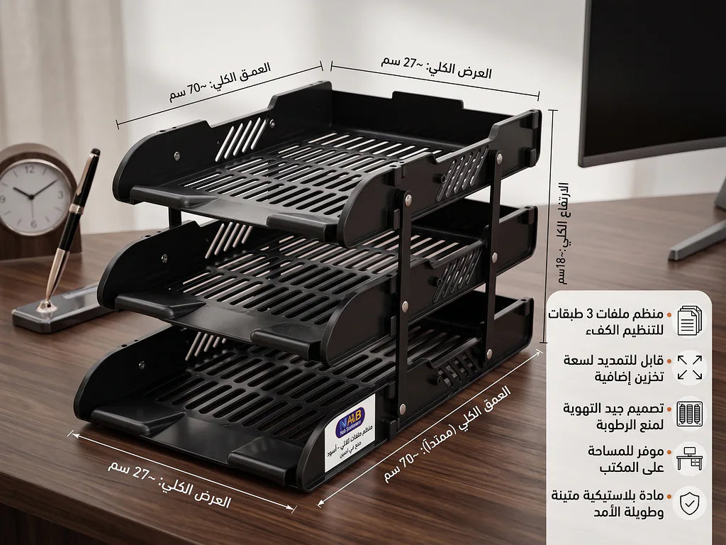 منظم ملفات ثلاث طبقات لون أسود